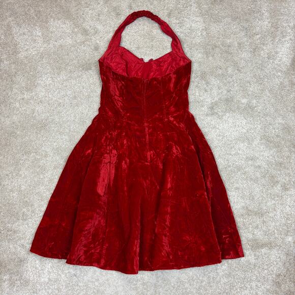 Vintage 80s Jump Apparel Beaded Velvet Halter Dress Women's 7/8 Cherry Girl Mod - Picture 4 of 11
